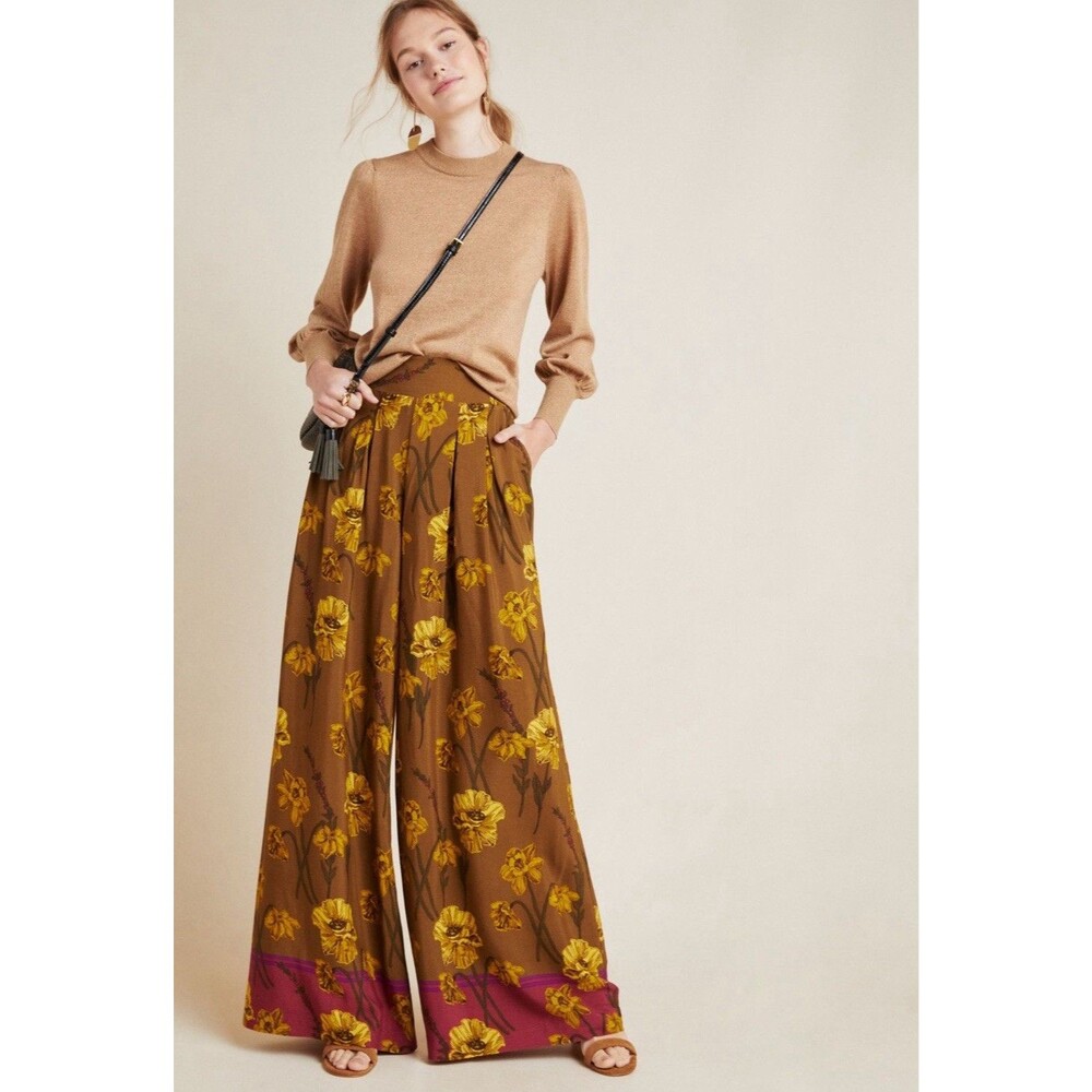 ANTHROPOLOGIE Maeve Size 6 Terrace Smocked Floral Wide Leg Pants Flare Viscose